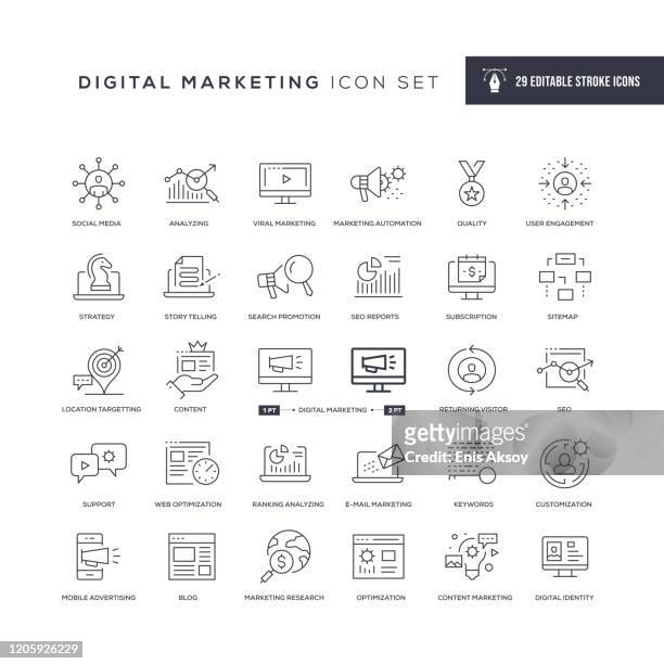 illustrazioni stock, clip art, cartoni animati e icone di tendenza di icone della linea di tratti modificabili di digital marketing - ricerca