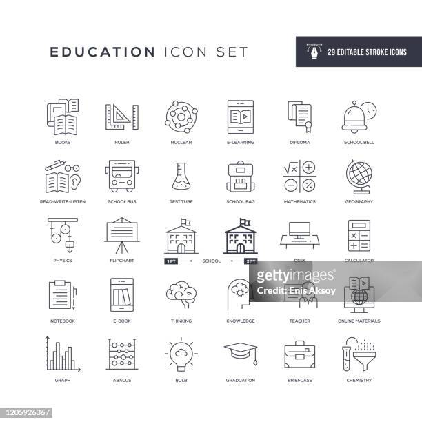 illustrazioni stock, clip art, cartoni animati e icone di tendenza di icone della linea di tratti modificabili per l'istruzione - educazione