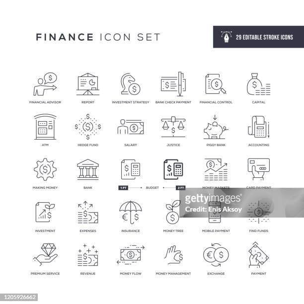 finance editable stroke line icons - financiën stock illustrations