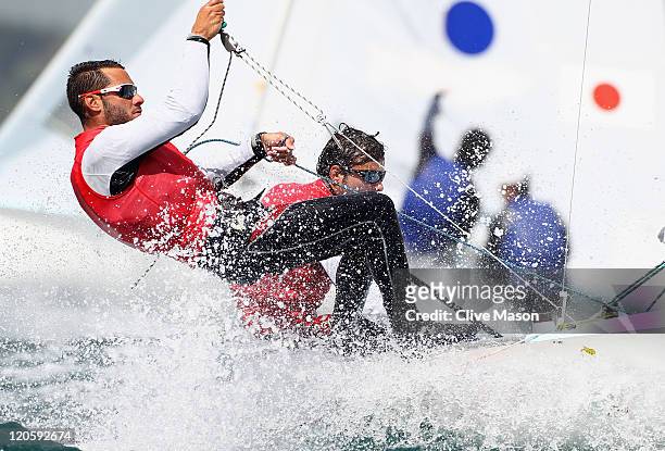 Onan Barreiros Rodriguez and Aaron Sarmiento Padilla of Spain in action during a 470 Mens Class race during day six of the Weymouth and Portland...