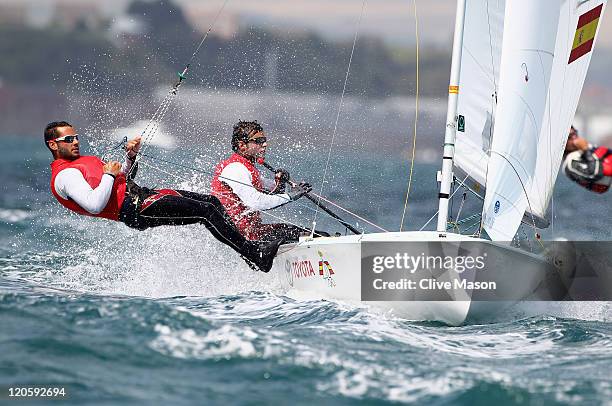 Onan Barreiros Rodriguez and Aaron Sarmiento Padilla of Spain in action during a 470 Mens Class race during day six of the Weymouth and Portland...