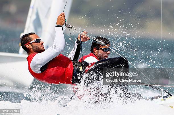 Onan Barreiros Rodriguez and Aaron Sarmiento Padilla of Spain in action during a 470 Mens Class race during day six of the Weymouth and Portland...