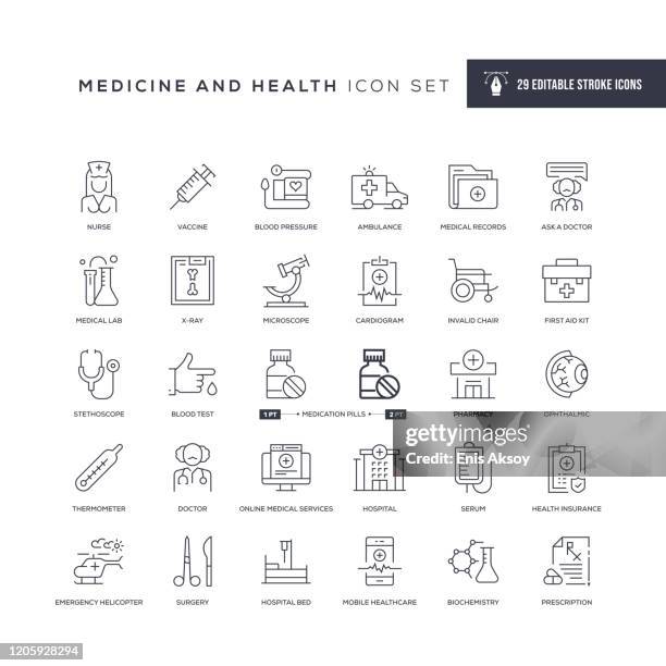 medicine and health editable stroke line icons - medical test kit stock illustrations