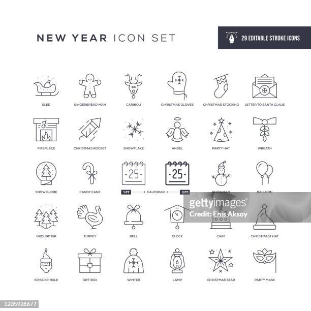 stockillustraties, clipart, cartoons en iconen met pictogrammen voor de bewerkbare lijn van het nieuwe jaar - speculaastaart