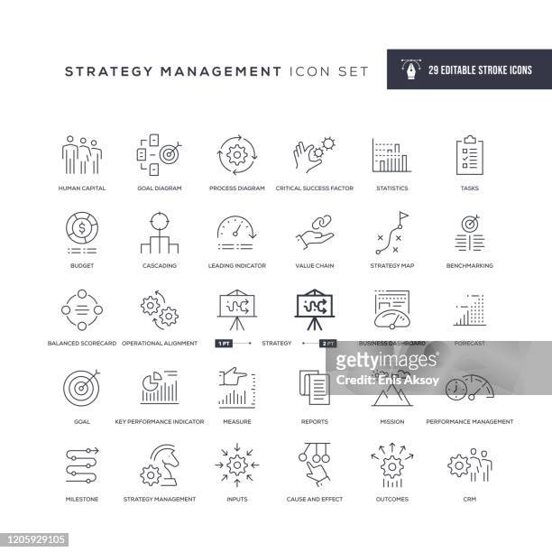 strategiemanagement editable stroke line icons - maschinenteil hergestellter gegenstand stock-grafiken, -clipart, -cartoons und -symbole