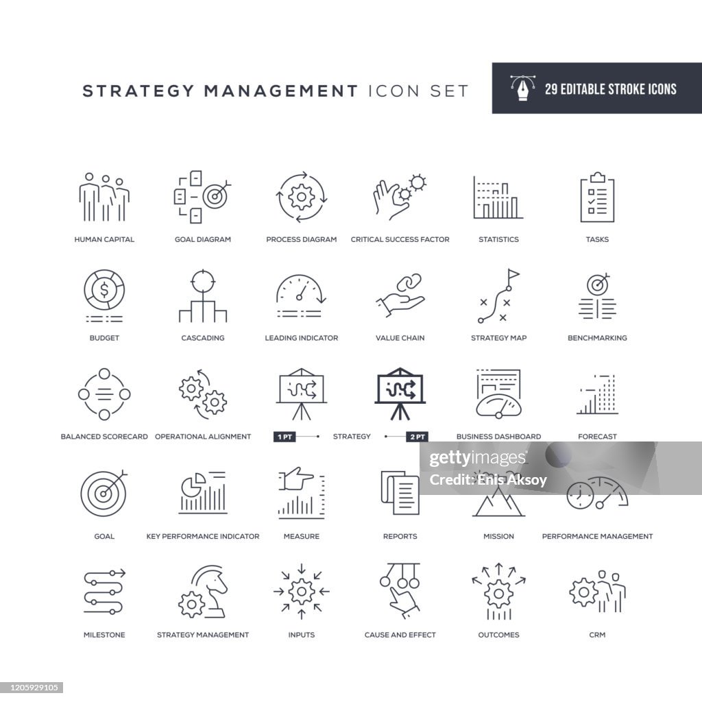 Iconos de línea de trazo editables de gestión de estrategias