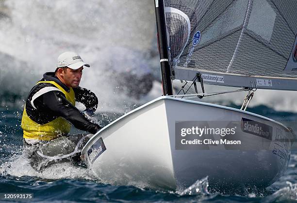Ben Ainslie of Great Britain in action during a Finn Class race during day six of the Weymouth and Portland International Regatta at the Weymouth and...