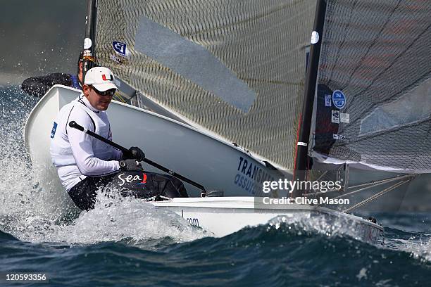 Zach Railey of the USA in action during a Finn Class race during day six of the Weymouth and Portland International Regatta at the Weymouth and...