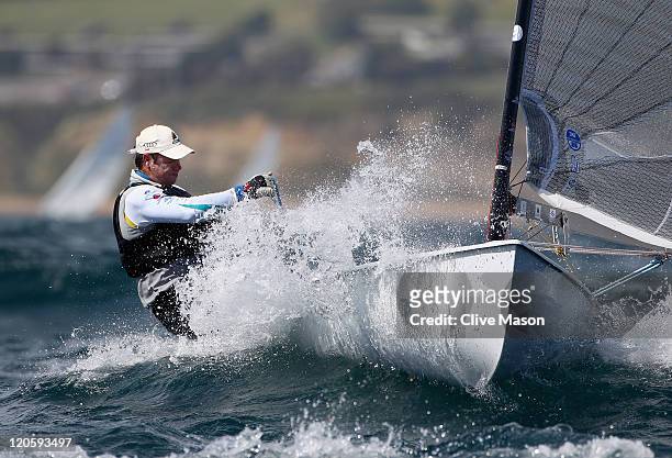 Brendan Casey of Australia in action during a Finn Class race during day six of the Weymouth and Portland International Regatta at the Weymouth and...