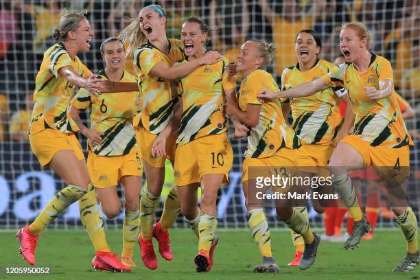 The Matildas celebrate a Emily van Egmond goal during the Women's Olympic Football Tournament Qualifier between Australia and China PR at Bankwest...