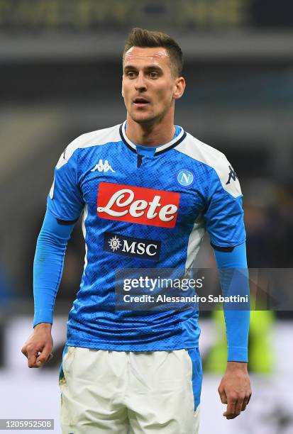 Arkadiusz Milik of SSC Napoli looks on during the Coppa Italia Semi Final match between FC Internazionale and SSC Napoli at Stadio Giuseppe Meazza on...