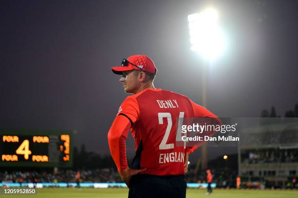 Joe Denly of England looks on during the first T20 International match between South Africa and England at Buffalo Park on February 12, 2020 in East...