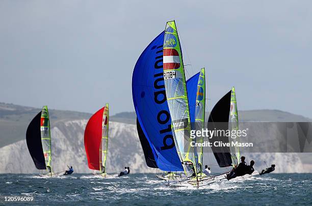 Nico Luca Marc Delle Karth and Nikolaus Resch of Austria in action during a 49er Class race during day six of the Weymouth and Portland International...