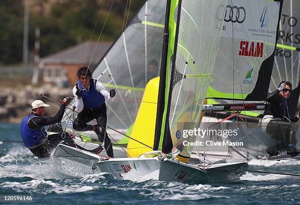 Nathan Outteridge and Iain Jensen of Australia in action during a 49er Class race during day six of the Weymouth and Portland International Regatta...