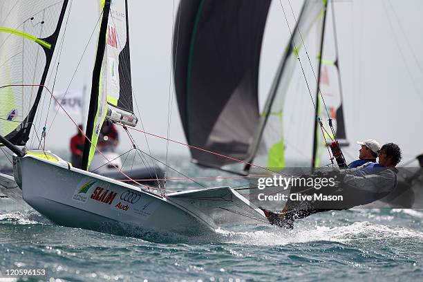 Nathan Outteridge and Iain Jensen of Australia in action during a 49er Class race during day six of the Weymouth and Portland International Regatta...