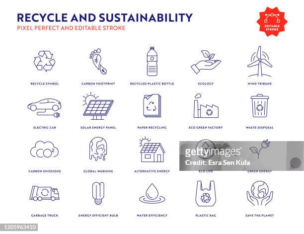 recycling und nachhaltigkeit icon set mit editierbaren strich und pixel perfekt. - energieindustrie stock-grafiken, -clipart, -cartoons und -symbole