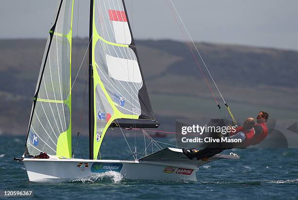 Iker Martinez de Lizarduy and Xabier Fernandez Gaztanaga of Spain in action during a 49er Class race during day six of the Weymouth and Portland...
