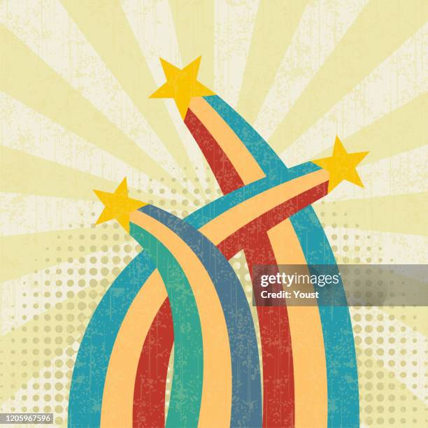 start up rockets flies up, as striped lines with stars. retro design style. vector concept. - grunge stars and stripes stock illustrations
