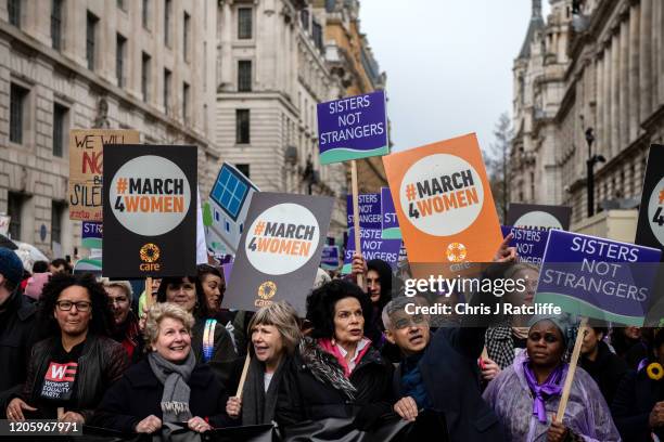 Sandi Toksvig , Bianca Jagger and Mayor of London, Sadiq Khan during the March for Women on International Women's Day on March 8, 2020 in London,...