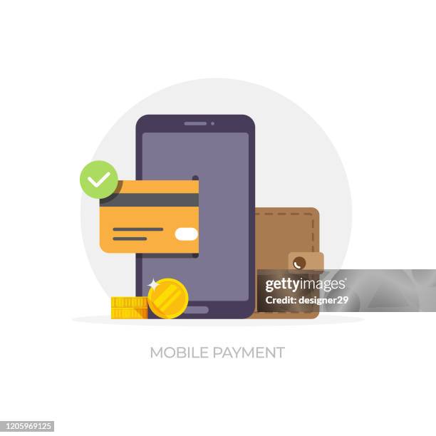 mobile phone payment technology, financial concept, credit card, coins and wallet flat design on white background. - checkout stock illustrations