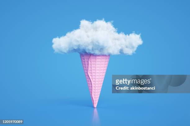 ice cream cone with cloud, minimal surreal summer concept, 3d abstract background - food art stock pictures, royalty-free photos & images