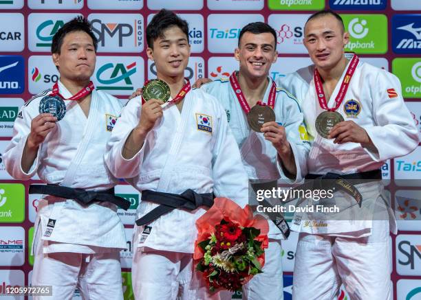 Under 66kg medallists L-R: Silver; Limhwan Kim , Gold; Baul An , Bronzes; Georgii Zantaraia and Baskhuu Yondonperenlei during the 2020 Paris Judo...