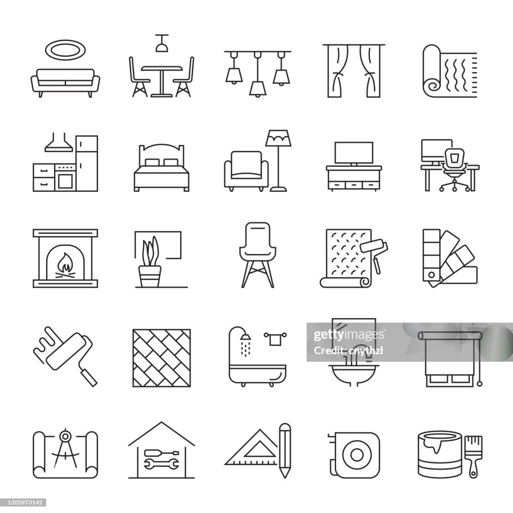 Satz von Innenarchitektur und Home Decoration verwandte Linie Icons. Bearbeitbarer Strich. Einfache Gliederung Saum-Symbole.