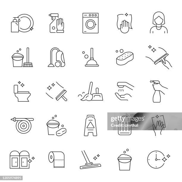 satz von reinigungs-verwandte linie icons. bearbeitbarer strich. einfache gliederung saum-symbole. - zimmermädchen stock-grafiken, -clipart, -cartoons und -symbole