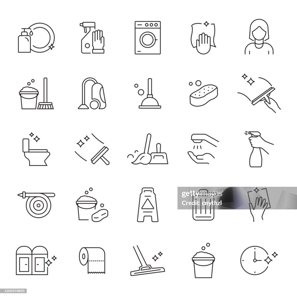 Set of Cleaning Related Line Icons. Editable Stroke. Simple Outline Icons.