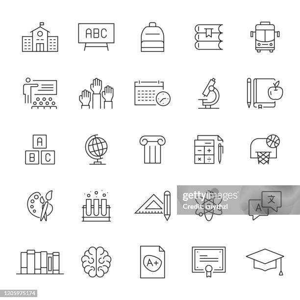 set of education related line icons. editable stroke. simple outline icons. - elementary-school-icons stock illustrations