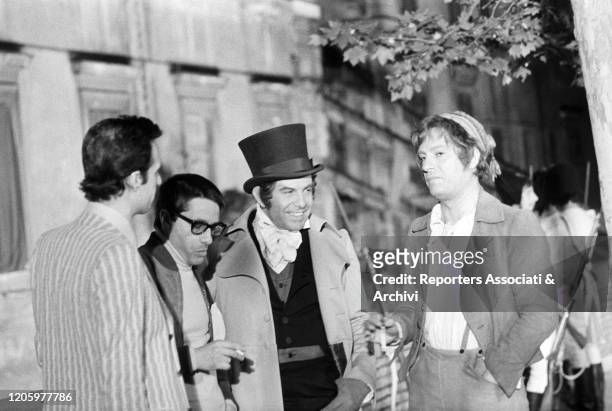 Italian actors Nino Manfredi and Enrico Maria Salerno and Italian director Luigi Magni together on the set of the film The Conspirators. 1969