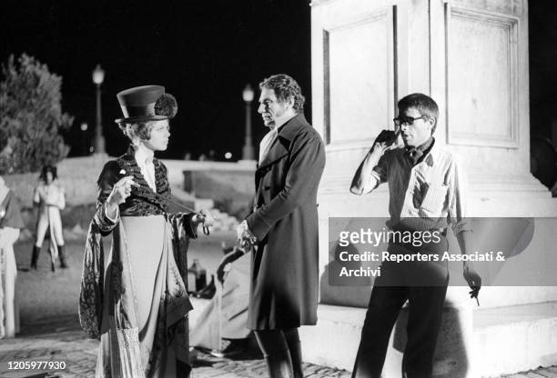 Italian director Luigi Magni directing Swedish actress Britt Ekland and French actor Robert Hossein on the set of the film The Conspirators. 1969