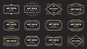 Golden art deco badges. Gold frame label, decorative badge and geometric frames vector set
