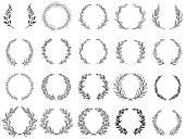 Ornamental branch wreathes. Laurel leafs wreath, olive branches and round floral ornament frames vector set