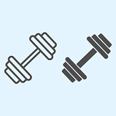 Dumbbells line and solid icon. Heavy weights barbel. Sport vector design concept, outline style pictogram on white background, use for web and app. Eps 10.