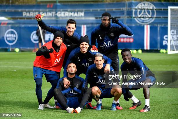 Juan Bernat, Sergio Rico, Mauro Icardi, Loic Mbe Soh, Idrissa Gueye and Layvin Kurzawa pose after a Paris Saint-Germain training session at Ooredoo...