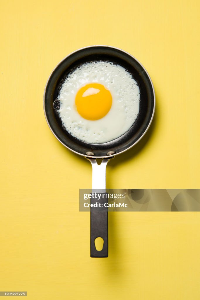 Egg in a pan on yellow background