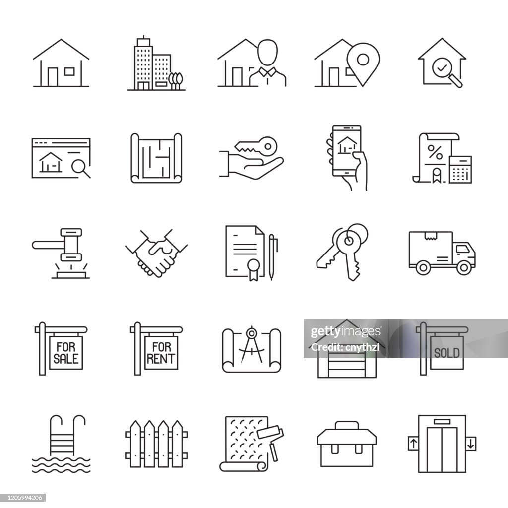 Set van real estate gerelateerde line iconen. Bewerkbare beroerte. Eenvoudige overzichtspictogrammen.
