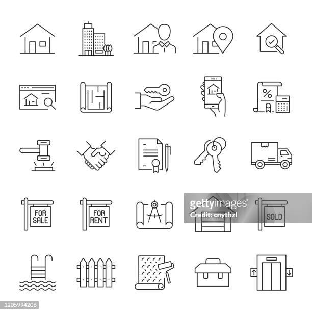 ilustrações de stock, clip art, desenhos animados e ícones de set of real estate related line icons. editable stroke. simple outline icons. - imobiliaria