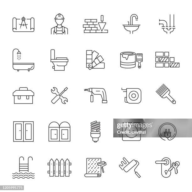 set of home repair and maintenance related line icons. editable stroke. simple outline icons. - flooring contractor stock illustrations