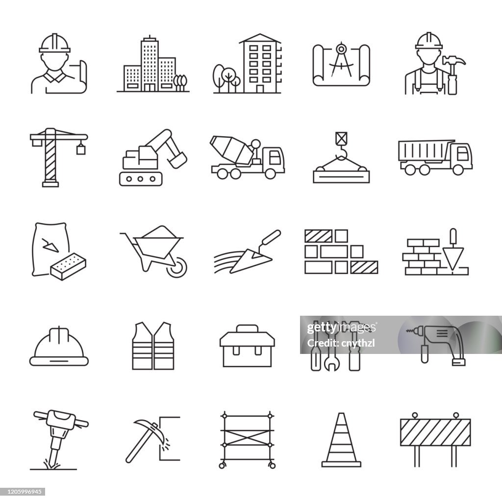 Set van bouw en architectuur gerelateerde line iconen. Bewerkbare beroerte. Eenvoudige overzichtspictogrammen.