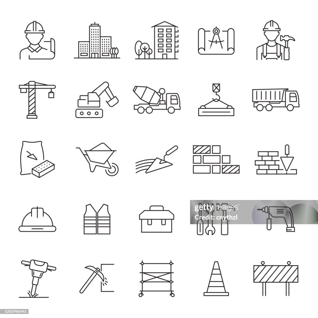 Set of Construction and Architecture Related Line Icons. Editable Stroke. Simple Outline Icons.