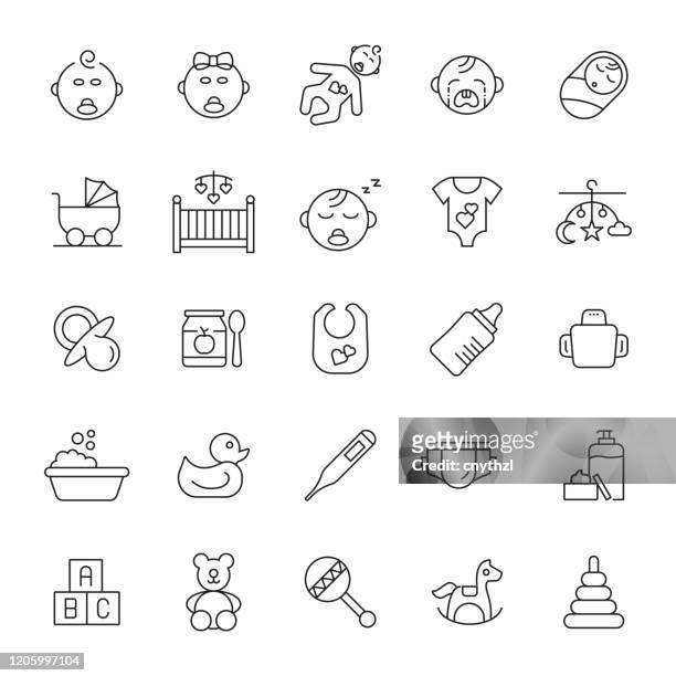 set of babies and motherhood related line icons. editable stroke. simple outline icons. - kids room stock illustrations