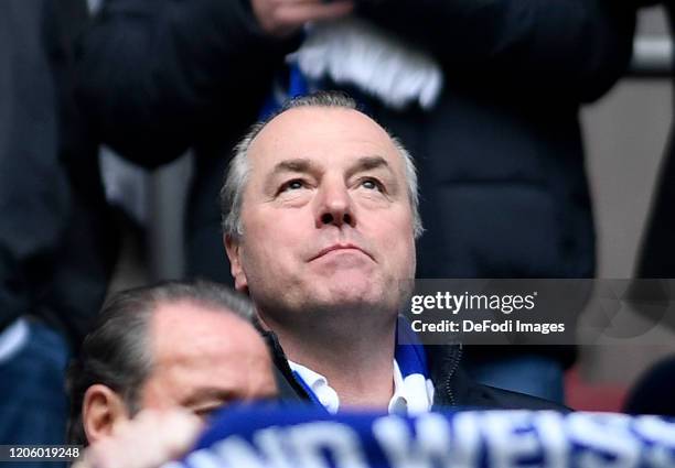 Chairman of the supervisory board Clemens Toennies of FC Schalke 04 looks on prior to the Bundesliga match between FC Schalke 04 and TSG 1899...