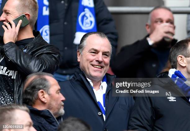 Chairman of the supervisory board Clemens Toennies of FC Schalke 04 laughs prior to the Bundesliga match between FC Schalke 04 and TSG 1899...
