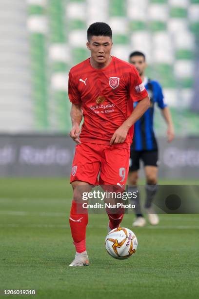 Han Kwang-song of Al Duhail on the ball during the QNB Stars League match against Al-Sailiya SC at the Hamad bin Khalifa stadium in Doha, Qatar on 7...