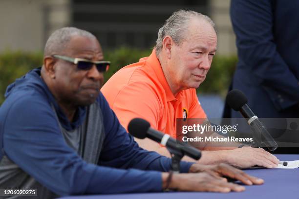 Manager Dusty Baker and owner Jim Crane of the Houston Astros answer questions from the media during a press conference at FITTEAM Ballpark of The...