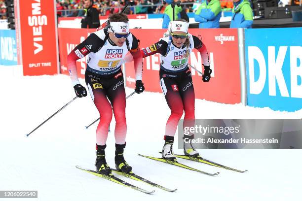 Tiril Eckhoff of Norway hands over to her team mate Tarjei Boe during the Mixed Relay at the IBU World Championships Biathlon Antholz-Anterselva on...