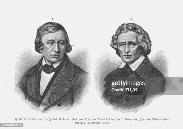 stockillustraties, clipart, cartoons en iconen met broers wilhelm en jacob grimm, houtgravures, gepubliceerd in 1897 - brothers grimm auteur