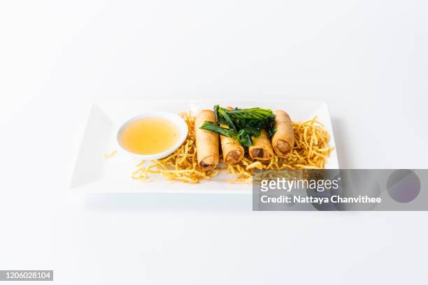 deep fried spring rolls - stock photo - chinese takeout white background stock pictures, royalty-free photos & images